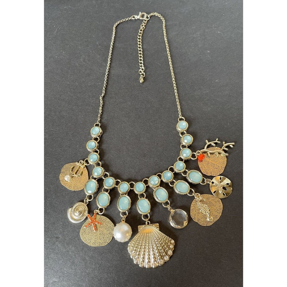 Coastal Statement Necklace Gold Tone Sea-foam Acrylic Beads Shells  Starfish…